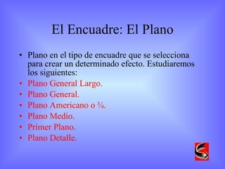 El Encuadre: El Plano Plano en el tipo de encuadre que se selecciona para crear un determinado efecto. Estudiaremos los siguientes: Plano General Largo. Plano General. Plano Americano o ¾. Plano Medio. Primer Plano. Plano Detalle. 