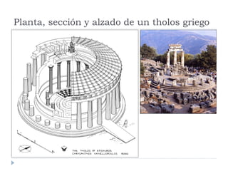 Planta, sección y alzado de un tholos griego
 