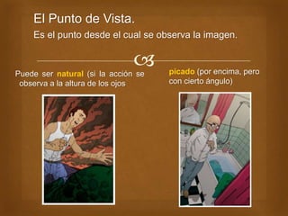 Puede ser natural (si la acción se
observa a la altura de los ojos
El Punto de Vista.
Es el punto desde el cual se observa la imagen.
picado (por encima, pero
con cierto ángulo)
 