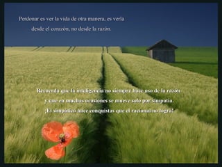 Perdonar es ver la vida de otra manera, es verlaPerdonar es ver la vida de otra manera, es verla
desde el corazón, no desde la razón.desde el corazón, no desde la razón.
Recuerda que la inteligencia no siempre hace uso de la razónRecuerda que la inteligencia no siempre hace uso de la razón
y que en muchas ocasiones se mueve solo por simpatía.y que en muchas ocasiones se mueve solo por simpatía.
¡El simpático hace conquistas que el racional no logra!¡El simpático hace conquistas que el racional no logra!
 