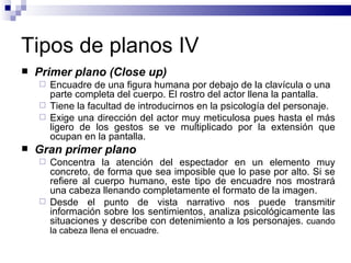 Tipos de planos IV Primer plano (Close up) Encuadre de una figura humana por debajo de la clavícula o una parte completa del cuerpo. El rostro del actor llena la pantalla. Tiene la facultad de introducirnos en la psicología del personaje.  Exige una dirección del actor muy meticulosa pues hasta el más ligero de los gestos se ve multiplicado por la extensión que ocupan en la pantalla. Gran primer plano  Concentra la atención del espectador en un elemento muy concreto, de forma que sea imposible que lo pase por alto. Si se refiere al cuerpo humano, este tipo de encuadre nos mostrará una cabeza llenando completamente el formato de la imagen.  Desde el punto de vista narrativo nos puede transmitir información sobre los sentimientos, analiza psicológicamente las situaciones y describe con detenimiento a los personajes.   cuando la cabeza llena el encuadre.   