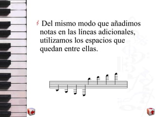 Del mismo modo que añadimos notas en las líneas adicionales, utilizamos los espacios que quedan entre ellas. 