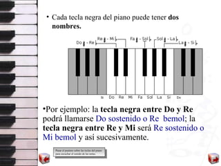 Cada tecla negra del piano puede tener  dos nombres .   Por ejemplo :  la  tecla negra entre Do y Re  podrá llamarse  Do sostenido o Re  bemol ;  la  tecla negra entre Re y Mi  será  Re  sostenido o  Mi  bemol   y así sucesivamente.  Pasar el puntero sobre las teclas del piano para escuchar el sonido de las notas. 
