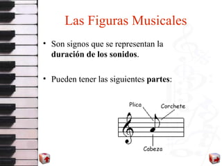 Las Figuras Musicales S on signos que se representan la  duraci ó n de los sonidos . Pueden tener las siguientes  partes : 