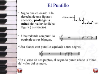 El Puntillo Signo que  coloca do  a la derecha de una figura o silencio   ,  prolonga la mitad   del valor  de dicha figura ( o silencio).   Una redonda con puntillo equivale a tres blancas.  Una blanca con puntillo equivale a tres negras. En el caso de dos puntos, el segundo punto añade la mitad del valor del primero. 