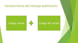 Características del mensaje publicitario
Código verbal Código NO verbal
 