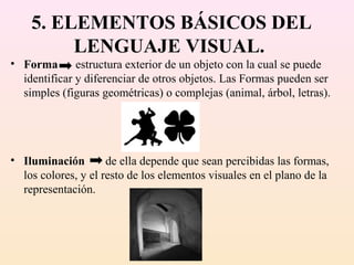 5. ELEMENTOS BÁSICOS DEL
         LENGUAJE VISUAL.
• Forma       estructura exterior de un objeto con la cual se puede
  identificar y diferenciar de otros objetos. Las Formas pueden ser
  simples (figuras geométricas) o complejas (animal, árbol, letras).




• Iluminación        de ella depende que sean percibidas las formas,
  los colores, y el resto de los elementos visuales en el plano de la
  representación.
 