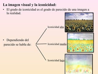 La imagen visual y la iconicidad:
• El grado de iconicidad es el grado de parecido de una imagen a
  la realidad.



                                 Iconicidad alta



• Dependiendo del
 parecido se habla de:           Iconicidad media




                                 Iconicidad baja
 