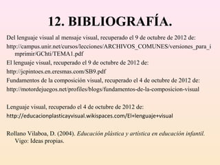 12. BIBLIOGRAFÍA.
Del lenguaje visual al mensaje visual, recuperado el 9 de octubre de 2012 de:
http://campus.unir.net/cursos/lecciones/ARCHIVOS_COMUNES/versiones_para_i
    mprimir/GChti/TEMA1.pdf
El lenguaje visual, recuperado el 9 de octubre de 2012 de:
http://jcpintoes.en.eresmas.com/SB9.pdf
Fundamentos de la composición visual, recuperado el 4 de octubre de 2012 de:
http://motordejuegos.net/profiles/blogs/fundamentos-de-la-composicion-visual

Lenguaje visual, recuperado el 4 de octubre de 2012 de:
http://educacionplasticayvisual.wikispaces.com/El+lenguaje+visual

Rollano Vilaboa, D. (2004). Educación plástica y artística en educación infantil.
   Vigo: Ideas propias.
 