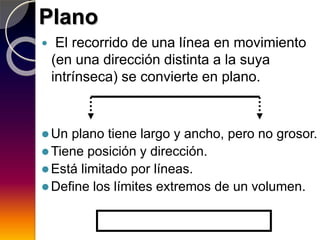 Plano
 El recorrido de una línea en movimiento
(en una dirección distinta a la suya
intrínseca) se convierte en plano.
 Un plano tiene largo y ancho, pero no grosor.
 Tiene posición y dirección.
 Está limitado por líneas.
 Define los límites extremos de un volumen.
 