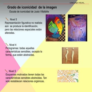 Grado de iconicidad de la imagen
LENGUAJE VISUAL.
Escala de iconicidad de Justo Villafañe
Nivel 5
Representación figurativa no realista:
aún se produce la identificación,
pero las relaciones espaciales están
alteradas.
Nivel 4
Pictogramas: todas aquellas
características sensibles, excepto la
forma, que están abstraídas.
Nivel 3
Esquemas motivados tienen todas las
características sensibles abstraídas. Tan
solo restablecen relaciones orgánicas.
 