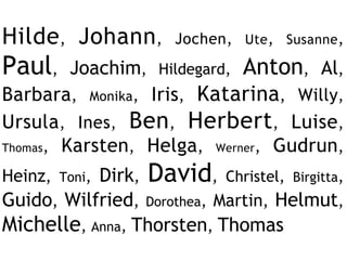 Hilde, Johann,       Jochen, Ute , Susanne ,
Paul,    Joachim, Hildegard, Anton, Al,
Barbara, Monika, Iris, Katarina, Willy,
Ursula, Ines, Ben, Herbert, Luise,
Thomas, Karsten, Helga, Werner, Gudrun,

Heinz,     Dirk, David, Christel, Birgitta,
         Toni,
Guido, Wilfried, Dorothea, Martin, Helmut,
Michelle, Anna, Thorsten, Thomas
 