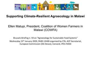 Supporting Climate-Resilient Agroecology in Malawi
Ellen Matupi, President, Coalition of Women Farmers in
Malawi (COWFA)
Brussels Briefing n. 59 on “Agroecology for Sustainable Food Systems”
Wednesday 15th January 2020, 9h00-13h00 organized by CTA, ACP Secretariat,
European Commission (DG Devco), Concord, IPES-FOOD
 