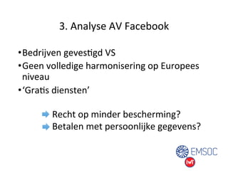 3. 
Analyse 
AV 
Facebook 
• Bedrijven 
gevesUgd 
VS 
• Geen 
volledige 
harmonisering 
op 
Europees 
niveau 
• ‘GraUs 
diensten’ 
Recht 
op 
minder 
bescherming? 
Betalen 
met 
persoonlijke 
gegevens? 
 
