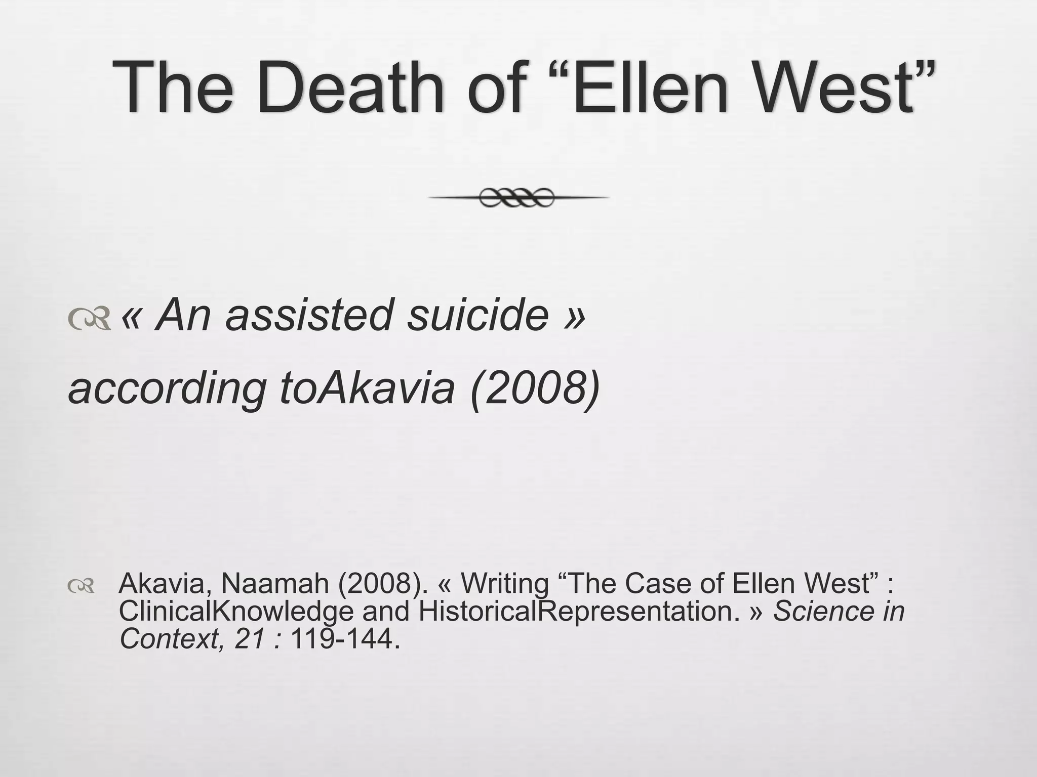 Binswangerreassures the reader not lessthan 17 times thather suicide is“authentic.”Laing concludes his reading with bitter irony: 		Poor little rich girl.