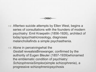 TheSchizophreniasKraepelinDementia praecox oderGruppederSchizophrenien(1911)Dementia Praecox or The Group of SchizophreniasBleuler introduces the new termschizophrenias for dementiapraecoxKlinische Psychiatrie (1899)ClinialPsychiatryKraepelin proposes the dichotomybetweendementiapraecox etmanic-depressiveillnessBleuler