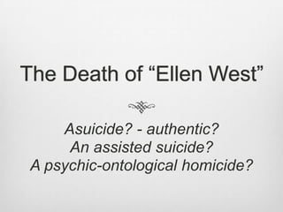 Their opinions notwithstanding, Ellen’smelancholy and her suicide attemptspersist, accompanied by seriouseatingproblems. Convinced of the grave and incurable diagnosis, withouthope, all therapiesinterrupted, suspended or withdrawn, Binswangeraccedes to the patient’srequest: Ellen isdischargedfrom the Sanatorium.
