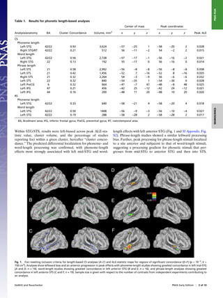 PNAS PLUS
Table 1. Results for phonetic length-based analyses
                                                                                            Center of mass                 Peak coordinates
                                                                              3
Analysis/anatomy          BA        Cluster Concordance         Volume, mm             x          y           z        x          y           z       Peak ALE

CS
  Phoneme length
    Left STG             42/22               0.93                    3,624            −57        −25          1       −58        −20              2    0.028
    Right STG/RT         42/22               0.21                      512             56        −11         −2        54         −2              2    0.015
  Word length
    Left STG             42/22               0.56                    2,728            −57        −17         −1       −56        −16          −2       0.021
    Right STG             22                 0.13                      192             55        −17          0        56        −16           0       0.014
  Phrase length
    Left STS              21                 0.58                    2,992            −56         −8          −8      −56         −8       −8          0.038
    Left STS              21                 0.42                    1,456            −52          7         −16      −52          8      −16          0.035
    Right STS             21                 0.32                    2,264             54         −3          −9       56         −6       −6          0.032
    Left STS              22                 0.32                      840            −54        −35           1      −54        −34        0          0.028
    Left PreCG             6                 0.32                      664            −47         −7          47      −48         −8       48          0.025
    Left IFG              47                 0.21                      456            −42         25         −12      −42         24      −12          0.021
    Left IFG              44                 0.16                      200            −48         11          20      −48         10       20          0.020
RS
  Phoneme length
    Left STG             42/22               0.33                      640            −58        −21              4   −58        −20              4    0.018
  Word length




                                                                                                                                                                  NEUROSCIENCE
    Left STG             42/22               0.50                     1408            −56         −9         −3       −56        −10          −4       0.027
    Left STG             42/22               0.19                      288            −58        −28          2       −58        −28           2       0.017

  BA, Brodmann area; IFG, inferior frontal gyrus; PreCG, precentral gyrus; RT, rostrotemporal area.



Within STG/STS, results were left-biased across peak ALE-sta-                     length effects with left anterior STG (Fig. 1 and SI Appendix, Fig.
tistic value, cluster volume, and the percentage of studies                       S2). Phrase-length studies showed a similar leftward processing
reporting foci within a given cluster, hereafter “cluster concor-                 bias. Further, peak processing for phrase-length stimuli localized
dance.” The predicted differential localization for phoneme- and                  to a site anterior and subjacent to that of word-length stimuli,
word-length processing was conﬁrmed, with phoneme-length                          suggesting a processing gradient for phonetic stimuli that pro-
effects most strongly associated with left mid-STG and word-                      gresses from mid-STG to anterior STG and then into STS.




Fig. 1. Foci meeting inclusion criteria for length-based CS analyses (A–C) and ALE-statistic maps for regions of signiﬁcant concordance (D–F) (p < 10−3, k >
150 cm3). Analyses show leftward bias and an anterior progression in peak effects with phoneme-length studies showing greatest concordance in left mid-STG
(A and D; n = 14), word-length studies showing greatest concordance in left anterior STG (B and E; n = 16), and phrase-length analyses showing greatest
concordance in left anterior STS (C and F; n = 19). Sample size is given with respect to the number of contrasts from independent experiments contributing to
an analysis.


DeWitt and Rauschecker                                                                                                             PNAS Early Edition | 3 of 10
 