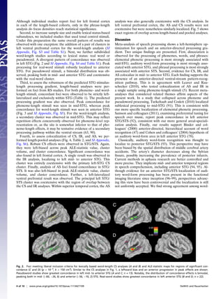 Although individual studies report foci for left frontal cortex                analysis was also generally coextensive with the CS analysis. In
in each of the length-based cohorts, only in the phrase-length                 left ventral prefrontal cortex, the AS and CS results were not
analysis do focus densities reach statistical signiﬁcance.                     coextensive but were nonetheless similarly localized. Fig. 5 shows
   Second, to increase sample size and enable lexical status-based             exact regions of overlap across length-based and pooled analyses.
subanalyses, we included studies that used tonal control stimuli.
Under this preparation the same overall pattern of results was                 Discussion
observed with one exception: the addition of a pair of clusters in             Meta-analysis of speech processing shows a left-hemisphere op-
left ventral prefrontal cortex for the word-length analysis (SI                timization for speech and an anterior-directed processing gra-
Appendix, Fig. S3 and Table S1). Next, we further subdivided                   dient. Two unique ﬁndings are presented. First, dissociation is
word-length studies according to lexical status: real word or                  observed for the processing of phonemes, words, and phrases:
pseudoword. A divergent pattern of concordance was observed                    elemental phonetic processing is most strongly associated with
in left STG (Fig. 2 and SI Appendix, Fig. S4 and Table S1). Peak               mid-STG; auditory word-form processing is most strongly asso-
processing for real-word stimuli robustly localized to anterior                ciated with anterior STG, and phrasal processing is most strongly
STG. For pseudoword stimuli, a bimodal distribution was ob-                    associated with anterior STS. Second, evidence for CS, IR, and
served, peaking both in mid- and anterior STG and coextensive                  AS colocalize in mid- to anterior STG. Each ﬁnding supports the
with the real-word cluster.                                                    presence of an anterior-directed ventral-stream pattern-recog-
   Third, to assess the robustness of the predicted STG stimulus-              nition pathway. This is in agreement with Leaver and Rau-
length processing gradient, length-based analyses were per-                    schecker (2010), who tested colocalization of AS and IR in
formed on foci from RS studies. For both phoneme- and word-                    a single sample using phoneme-length stimuli (5). Recent meta-
length stimuli, concordant foci were observed to be strictly left-             analyses that considered related themes afﬁrm aspects of the
lateralized and exclusively within STG (Table 1). The predicted                present work. In a study that collapsed across phoneme and
processing gradient was also observed. Peak concordance for                    pseudoword processing, Turkeltaub and Coslett (2010) localized
phoneme-length stimuli was seen in mid-STG, whereas peak                       sublexical processing to mid-STG (91). This is consistent with
concordance for word-length stimuli was seen in anterior STG                   our more speciﬁc localization of elemental phonetic processing.
(Fig. 3 and SI Appendix, Fig. S5). For the word-length analysis,               Samson and colleagues (2011), examining preferential tuning for
a secondary cluster was observed in mid-STG. This may reﬂect                   speech over music, report peak concordance in left anterior
repetition effects concurrently observed for phoneme-level rep-                STG/STS (92), consistent with our more general areal-speciali-
resentation or, as the site is somewhat inferior to that of pho-               zation analysis. Finally, our results support Binder and col-
neme-length effects, it may be tentative evidence of a secondary               leagues’ (2000) anterior-directed, hierarchical account of word
processing pathway within the ventral stream (63, 90).                         recognition (47) and Cohen and colleagues’ (2004) hypothesis of
   Fourth, to assess colocalization of CS, IR, and AS, we per-                 an auditory word-form area in left anterior STG (78).
formed length-pooled analyses (Fig. 4, Table 2, and SI Appendix,                  Classically, auditory word-form recognition was thought to
Fig. S6). Robust CS effects were observed in STG/STS. Again,                   localize to posterior STG/STS (93). This perspective may have
they were left-biased across peak ALE-statistic value, cluster                 been biased by the spatial distribution of middle cerebral artery
volume, and cluster concordance. Signiﬁcant concordance was                    accidents. The artery’s diameter decreases along the Sylvian
also found in left frontal cortex. A single result was observed in             ﬁssure, possibly increasing the prevalence of posterior infarcts.
the IR analysis, localizing to left mid- to anterior STG. This                 Current methods in aphasia research are better controlled and
cluster was entirely coextensive with the primary left-STG CS                  more precise. They implicate mid- and anterior temporal regions
cluster. Finally, analysis of AS foci found concordance in STG/                in speech comprehension, including anterior STG (94, 95). Al-
STS. It was also left-biased in peak ALE-statistic value, cluster              though evidence for an anterior STG/STS localization of audi-
volume, and cluster concordance. Further, a left-lateralized                   tory word-form processing has been present in the functional
ventral prefrontal result was observed. The principal left STG/                imaging literature since inception (96–99), perspectives advanc-
STS cluster was coextensive with the region of overlap between                 ing this view have been controversial and the localization is still
the CS and IR analyses. Within superior temporal cortex, the AS                not uniformly accepted. We ﬁnd strong agreement among word-




Fig. 2. Foci meeting liberal inclusion criteria for lexically based word-length CS analyses (A and B) and ALE-statistic maps for regions of signiﬁcant con-
cordance (C and D) (p < 10−3, k > 150 cm3). Similar to the CS analyses in Fig. 1, a leftward bias and an anterior progression in peak effects are shown.
Pseudoword studies show greatest concordance in left mid- to anterior STG (A and C; n = 13). Notably, the distribution of concordance effects is bimodal,
peaking both in mid- (−60, −26, 6) and anterior (−56, −10, 2) STG. Real-word studies show greatest concordance in left anterior STG (B and D; n = 22).


4 of 10 | www.pnas.org/cgi/doi/10.1073/pnas.1113427109                                                                              DeWitt and Rauschecker
 