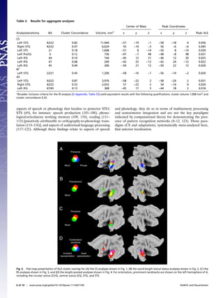 Table 2. Results for aggregate analyses
                                                                                              Center of Mass                 Peak Coordinates
                                                                                 3
Analysis/anatomy          BA         Cluster Concordance          Volume, mm              x         y          z         x          y           z       Peak ALE

CS
 Left STG                42/22                0.82                    11,944             −57       −19        −1        −58        −18         0         0.056
 Right STG               42/22                0.47                     6,624              55       −10        −3         56         −6        −6         0.045
 Left STS                 21                  0.18                     1,608             −51         8       −14        −50          8       −14         0.039
 Left PreCG                6                  0.12                       736             −47        −7        48        −48         −8        48         0.031
 Left IFG                 44                  0.10                       744             −45        12        21        −46         12        20         0.025
 Left IFG                 47                  0.08                       240             −42        25       −12        −42         24       −12         0.022
 Left IFG                 45                  0.04                       200             −50        21        12        −50         22        12         0.020
IR*
 Left STG                22/21                0.45                      1,200            −58       −16         −1       −56        −14        −2         0.020
AS
 Left STG                42/22                0.87                      3,976            −58       −22             2    −58        −24              2    0.031
 Right STG               42/22                0.53                      2,032             51       −23             2     54        −16              0    0.026
 Left IFG                47/45                0.13                        368            −45        17             3    −44         18              2    0.018

*Broader inclusion criteria for the IR analysis (SI Appendix, Table S3) yield equivalent results with the following qualiﬁcations: cluster volume 1,008 mm3 and
cluster concordance 0.33.



aspects of speech or phonology that localize to posterior STG/                       and phonology, they do so in terms of multisensory processing
STS (69), for instance: speech production (101–108), phono-                          and sensorimotor integration and are not the key paradigms
logical/articulatory working memory (109, 110), reading (111–                        indicated by computational theory for demonstrating the pres-
113) [putatively attributable to orthography-to-phonology trans-                     ence of pattern recognition networks (8–12, 123). Those para-
lation (114–116)], and aspects of audiovisual language processing                    digms (CS and adaptation), systematically meta-analyzed here,
(117–122). Although these ﬁndings relate to aspects of speech                        ﬁnd anterior localization.




Fig. 5. Flat-map presentation of ALE cluster overlap for (A) the CS analyses shown in Fig. 1, (B) the word-length lexical status analyses shown in Fig. 2, (C) the
RS analyses shown in Fig. 3, and (D) the length-pooled analyses shown in Fig. 4. For orientation, prominent landmarks are shown on the left hemisphere of A,
including the circular sulcus (CirS), central sulcus (CS), STG, and STS.


6 of 10 | www.pnas.org/cgi/doi/10.1073/pnas.1113427109                                                                                    DeWitt and Rauschecker
 