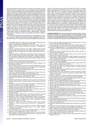 pseudoword sentences) with activation to matched, nonnaturalistic acoustic                 (154). Foci concordance was assessed by the method of ALE (81) in a random-
control stimuli (i.e., various tonal, noise, and complex artiﬁcial nonspeech               effects implementation (155) that controls for within-experiment effects
stimuli). A total of 84 eligible contrasts were identiﬁed, representing 1,211              (156). Under ALE, foci are treated as Gaussian probability distributions,
subjects and 541 foci. For RS analyses, contrasts compared activation to re-               which reﬂect localization uncertainty. Pooled Gaussian focus maps were
peated and nonrepeated speech stimuli. A total of 31 eligible contrasts were               tested against a null distribution reﬂecting a random spatial association
identiﬁed, representing 471 subjects and 145 foci. For IR analyses, a subset of            between different experiments. Correction for multiple comparisons was
the RS cohort was selected that used designs in which “repeated” stimuli                   obtained through estimation of false discovery rate (157). Two signiﬁcance
also varied acoustically but not phonetically (e.g., two different utterances              criteria were used: minimum p value was set at 10−3 and minimum cluster
of the same word). The RS cohort was used for phonetic length-based                        extent was set at 150 mm3. Analyses were conducted in GINGERALE (Re-
analyses as the more restrictive criteria for IR yielded insufﬁcient sample                search Imaging Institute), AFNI (National Institute of Mental Health), and
sizes (as detailed later). For AS analyses, contrasts compared activation to               MATLAB (Mathworks). For visualization, CARET (Washington University in
speech stimuli and to other naturalistic stimuli (e.g., animal calls, music, tool          St. Louis) was used to project foci and ALE clusters from volumetric space
sounds). A total of 17 eligible contrasts were identiﬁed, representing 239                 onto the cortical surface of the Population-Average, Landmark- and Surface-
subjects and 100 foci. All retained contrasts were binned for phonetic                     based atlas (158). Readers should note that this procedure can introduce
length-based analyses according to the estimated mean number of pho-                       slight localization artifacts (e.g., projection may distribute one volumetric
nemes in their stimuli: (i) “phoneme length,” one or two phonemes, (ii)                    cluster discontinuously over two adjacent gyri).
“word length,” three to 10 phonemes, and (iii) “phrase length,” more than
10 phonemes. SI Appendix, Tables S2–S4, identify the contrasts included in
                                                                                           ACKNOWLEDGMENTS. We thank Max Riesenhuber, Marc Ettlinger, and two
each analysis.                                                                             anonymous reviewers for comments helpful to the development of this
   The minimum sample size for meta-analyses was 10 independent contrasts.                 manuscript. This work was supported by National Science Foundation Grants
Foci reported in Montreal Neurological Institute coordinates were trans-                   BCS-0519127 and OISE-0730255 (to J.P.R.) and National Institute on Deafness
formed into Talairach coordinates according to the ICBM2TAL transformation                 and Other Communication Disorders Grant 1RC1DC010720 (to J.P.R.).


 1. Steinschneider M (2011) Unlocking the role of the superior temporal gyrus for          26. Carr CE, Konishi M (1988) Axonal delay lines for time measurement in the owl’s
    speech sound categorization. J Neurophysiol 105:2631–2633.                                 brainstem. Proc Natl Acad Sci USA 85:8311–8315.
 2. Brugge JF, Merzenich MM (1973) Responses of neurons in auditory cortex of the          27. Tian B, Rauschecker JP (2004) Processing of frequency-modulated sounds in the
    macaque monkey to monaural and binaural stimulation. J Neurophysiol 36:                    lateral auditory belt cortex of the rhesus monkey. J Neurophysiol 92:2993–3013.
    1138–1158.                                                                             28. Fukushima K (1980) Neocognitron: A self organizing neural network model for
 3. Bitterman Y, Mukamel R, Malach R, Fried I, Nelken I (2008) Ultra-ﬁne frequency             a mechanism of pattern recognition unaffected by shift in position. Biol Cybern 36:
    tuning revealed in single neurons of human auditory cortex. Nature 451:197–201.            193–202.
 4. Grifﬁths TD, Warren JD (2004) What is an auditory object? Nat Rev Neurosci 5:          29. Riesenhuber M, Poggio TA (1999) Hierarchical models of object recognition in
    887–892.                                                                                   cortex. Nat Neurosci 2:1019–1025.
 5. Leaver AM, Rauschecker JP (2010) Cortical representation of natural complex sounds:    30. Kouh M, Poggio TA (2008) A canonical neural circuit for cortical nonlinear
    effects of acoustic features and auditory object category. J Neurosci 30:7604–7612.        operations. Neural Comput 20:1427–1451.
 6. Luce P, McLennan C (2005) Spoken word recognition: The challenge of variation.         31. Lampl I, Ferster D, Poggio T, Riesenhuber M (2004) Intracellular measurements of
    Handbook of Speech Perception, eds Pisoni D, Remez R (Blackwell, Malden, MA), pp           spatial integration and the MAX operation in complex cells of the cat primary visual
    591–609.                                                                                   cortex. J Neurophysiol 92:2704–2713.
 7. Hubel DH, Wiesel TN (1962) Receptive ﬁelds, binocular interaction and functional       32. Finn IM, Ferster D (2007) Computational diversity in complex cells of cat primary
    architecture in the cat’s visual cortex. J Physiol 160:106–154.                            visual cortex. J Neurosci 27:9638–9648.
 8. Riesenhuber M, Poggio TA (2002) Neural mechanisms of object recognition. Curr          33. Bendor D, Wang X (2007) Differential neural coding of acoustic ﬂutter within
    Opin Neurobiol 12:162–168.                                                                 primate auditory cortex. Nat Neurosci 10:763–771.
 9. Husain FT, Tagamets M-A, Fromm SJ, Braun AR, Horwitz B (2004) Relating neuronal        34. Bendor D, Wang X (2008) Neural response properties of primary, rostral, and
    dynamics for auditory object processing to neuroimaging activity: A computational          rostrotemporal core ﬁelds in the auditory cortex of marmoset monkeys.
    modeling and an fMRI study. Neuroimage 21:1701–1720.                                       J Neurophysiol 100:888–906.
10. Dehaene S, Cohen L, Sigman M, Vinckier F (2005) The neural code for written words:     35. Atencio CA, Sharpee TO, Schreiner CE (2008) Cooperative nonlinearities in auditory
                                                                                               cortical neurons. Neuron 58:956–966.
    a proposal. Trends Cogn Sci 9:335–341.
                                                                                           36. Roe AW, Pallas SL, Kwon YH, Sur M (1992) Visual projections routed to the auditory
11. Hoffman KL, Logothetis NK (2009) Cortical mechanisms of sensory learning and
                                                                                               pathway in ferrets: receptive ﬁelds of visual neurons in primary auditory cortex.
    object recognition. Philos Trans R Soc Lond B Biol Sci 364:321–329.
                                                                                               J Neurosci 12:3651–3664.
12. Larson E, Billimoria CP, Sen K (2009) A biologically plausible computational model
                                                                                           37. Atencio CA, Sharpee TO, Schreiner CE (2009) Hierarchical computation in the
    for auditory object recognition. J Neurophysiol 101:323–331.
                                                                                               canonical auditory cortical circuit. Proc Natl Acad Sci USA 106:21894–21899.
13. Hackett TA (2011) Information ﬂow in the auditory cortical network. Hear Res 271:
                                                                                           38. Ahmed B, Garcia-Lazaro JA, Schnupp JWH (2006) Response linearity in primary
    133–146.
                                                                                               auditory cortex of the ferret. J Physiol 572:763–773.
14. Suga N, O’Neill WE, Manabe T (1978) Cortical neurons sensitive to combinations of
                                                                                           39. Rauschecker JP, Tian B (2000) Mechanisms and streams for processing of “what” and
    information-bearing elements of biosonar signals in the mustache bat. Science 200:
                                                                                               “where” in auditory cortex. Proc Natl Acad Sci USA 97:11800–11806.
    778–781.
                                                                                           40. Romanski LM, et al. (1999) Dual streams of auditory afferents target multiple
15. Margoliash D, Fortune ES (1992) Temporal and harmonic combination-sensitive
                                                                                               domains in the primate prefrontal cortex. Nat Neurosci 2:1131–1136.
    neurons in the zebra ﬁnch’s HVc. J Neurosci 12:4309–4326.
                                                                                           41. Kaas JH, Hackett TA (1999) ‘What’ and ‘where’ processing in auditory cortex. Nat
16. Rauschecker JP, Tian B, Hauser M (1995) Processing of complex sounds in the
                                                                                               Neurosci 2:1045–1047.
    macaque nonprimary auditory cortex. Science 268:111–114.
                                                                                           42. Rauschecker JP, Scott SK (2009) Maps and streams in the auditory cortex: nonhuman
17. Rauschecker JP (1997) Processing of complex sounds in the auditory cortex of cat,
                                                                                               primates illuminate human speech processing. Nat Neurosci 12:718–724.
    monkey, and man. Acta Otolaryngol Suppl 532:34–38.                                     43. Romanski LM, Averbeck BB (2009) The primate cortical auditory system and neural
18. Rauschecker JP (1998) Parallel processing in the auditory cortex of primates. Audiol       representation of conspeciﬁc vocalizations. Annu Rev Neurosci 32:315–346.
    Neurootol 3:86–103.                                                                    44. Rauschecker JP (2011) An expanded role for the dorsal auditory pathway in
19. Sadagopan S, Wang X (2009) Nonlinear spectrotemporal interactions underlying               sensorimotor control and integration. Hear Res 271:16–25.
    selectivity for complex sounds in auditory cortex. J Neurosci 29:11192–11202.          45. Hickok G, Poeppel D (2007) The cortical organization of speech processing. Nat Rev
20. Medvedev AV, Chiao F, Kanwal JS (2002) Modeling complex tone perception:                   Neurosci 8:393–402.
    grouping harmonics with combination-sensitive neurons. Biol Cybern 86:497–505.         46. Scott SK, Wise RJS (2004) The functional neuroanatomy of prelexical processing in
21. Willmore BDB, King AJ (2009) Auditory cortex: representation through                       speech perception. Cognition 92:13–45.
    sparsiﬁcation? Curr Biol 19:1123–1125.                                                 47. Binder JR, et al. (2000) Human temporal lobe activation by speech and nonspeech
22. Voytenko SV, Galazyuk AV (2007) Intracellular recording reveals temporal                   sounds. Cereb Cortex 10:512–528.
    integration in inferior colliculus neurons of awake bats. J Neurophysiol 97:           48. Wise RJ, et al. (2001) Separate neural subsystems within ‘Wernicke’s area’. Brain 124:
    1368–1378.                                                                                 83–95.
23. Peterson DC, Voytenko S, Gans D, Galazyuk A, Wenstrup J (2008) Intracellular           49. Patterson RD, Johnsrude IS (2008) Functional imaging of the auditory processing
    recordings from combination-sensitive neurons in the inferior colliculus.                  applied to speech sounds. Philos Trans R Soc Lond B Biol Sci 363:1023–1035.
    J Neurophysiol 100:629–645.                                                            50. Weiller C, Bormann T, Saur D, Musso M, Rijntjes M (2011) How the ventral pathway
24. Ye CQ, Poo MM, Dan Y, Zhang XH (2010) Synaptic mechanisms of direction                     got lost: and what its recovery might mean. Brain Lang 118:29–39.
    selectivity in primary auditory cortex. J Neurosci 30:1861–1868.                       51. Whalen DH, et al. (2006) Differentiation of speech and nonspeech processing within
25. Rao RP, Sejnowski TJ (2000) Predictive sequence learning in recurrent neocortical          primary auditory cortex. J Acoust Soc Am 119:575–581.
    circuits. Advances in Neural Information Processing Systems,, eds Solla SA, Leen TK,   52. Nelken I (2008) Processing of complex sounds in the auditory system. Curr Opin
    Muller KR (MIT Press, Cambridge), Vol 12.                                                  Neurobiol 18:413–417.



8 of 10 | www.pnas.org/cgi/doi/10.1073/pnas.1113427109                                                                                                   DeWitt and Rauschecker
 