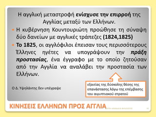 ΚΙΝΗΣΕΙΣ ΕΛΛΗΝΩΝ ΠΡΟΣ ΑΓΓΛΙΑ
Η αγγλική μεταστροφή ενίσχυσε την επιρροή της
Αγγλίας μεταξύ των Ελλήνων.
 Η κυβέρνηση Κουντουριώτη προώθησε τη σύναψη
δύο δανείων με αγγλικές τράπεζες (1824,1825)
 Το 1825, οι αγγλόφιλοι έπεισαν τους περισσότερους
Έλληνες ηγέτες να υπογράψουν την πράξη
προστασίας, ένα έγγραφο με το οποίο ζητούσαν
από την Αγγλία να αναλάβει την προστασία των
Ελλήνων.
εξαιτίας της δύσκολης θέσης της
επανάστασης λόγω της επέμβασης
του αιγυπτιακού στρατού
Ο Δ. Υψηλάντης δεν υπέγραψε
ΦΑΤΣΗ ΑΘΑΝΑΣΙΑ ΦΙΛΟΛΟΓΟΣ 10
 