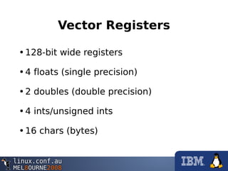 Vector Registers
•128-bit wide registers
•4 floats (single precision)
•2 doubles (double precision)
•4 ints/unsigned ints
•16 chars (bytes)
 