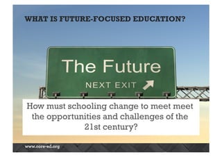 WHAT IS FUTURE-FOCUSED EDUCATION? 
How must schooling change to meet meet 
the opportunities and challenges of the 
21st century? 
 