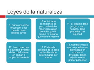Leyes de la naturaleza
                        10. Al iniciarse
                        condiciones de      11. Si alguien debe
9. Cada uno debe
                       paz, nadie debe          juzgar a otro
 reconocer a los
                       reservarse algún       hombre, debe
   demás como
                        derecho que él         proceder con
  iguales suyos
                       mismo no dejaría           equidad
                      que otro se reserve


                                            14. Aquellas cosas
12. Las cosas que        13. El derecho     que no pueden ser
no pueden dividirse   absoluto de la cosa     disfrutadas en
 deben disfrutarse      indivisible debe         común ni
    en común o         determinarse por      divididas, deben
proporcionalmente            suerte           adjudicarse al
                                             primer poseedor
 