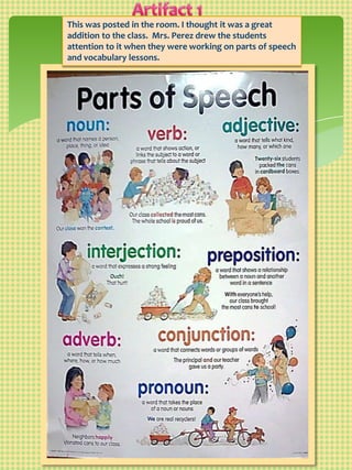 Artifact 1,[object Object],This was posted in the room. I thought it was a great addition to the class.  Mrs. Perez drew the students attention to it when they were working on parts of speech and vocabulary lessons. ,[object Object]