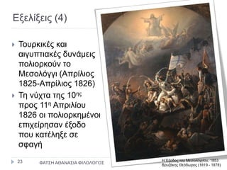 Εξελίξεις (4)
 Τουρκικές και
αιγυπτιακές δυνάμεις
πολιορκούν το
Μεσολόγγι (Απρίλιος
1825-Απρίλιος 1826)
 Τη νύχτα της 10ης
προς 11η Απριλίου
1826 οι πολιορκημένοι
επιχείρησαν έξοδο
που κατέληξε σε
σφαγή
Η Έξοδος του Μεσολογγίου, 1853
Βρυζάκης Θεόδωρος (1819 - 1878)ΦΑΤΣΗ ΑΘΑΝΑΣΙΑ ΦΙΛΟΛΟΓΟΣ23
 