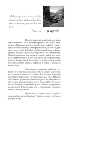 9 agosto
Todo pámpano que en mí no lleva
fruto,loquitará;ytodoaquelquelleva
fruto, lo limpiará, para que lleve más
fruto.
Juan 15:2
He aquí una promesa preciosa para quien
desea llevar fruto. Por el momento, presenta un carácter de se-
veridad. ¿El pámpano que lleva fruto ha de ser podado? ¿Deberá
cortar el cuchillo lo mejor y más provechoso? Así debe ser, por-
que la mayor parte de la obra purificadora del Señor se lleva a
cabo por medio de aflicciones, cualquiera que sea su naturaleza.
No son los malvados, sino los justos a quienes les han sido anun-
ciadas las tribulaciones en esta vida. Pero el fin compensa sobra-
damente lo doloroso de los medios. Si de ello resulta mucho
fruto para el Señor, poco nos importará la poda y la pérdida de
algunas hojas.
Sin embargo, en ocasiones, esa limpieza es
hecha por la Palabra, sin necesidad de que vengan las pruebas,
este pensamiento lima todo lo áspero de la promesa. Por medio
de la Palabra llegaremos a ser más suaves y más útiles. El Señor,
que ha hecho que nosotros llevemos algún fruto, obrará en no-
sotros hasta que logremos una mayor prosperidad. ¿No es esto
motivo de alegría? En verdad hay más consuelo en la promesa
de que hemos de llevar fruto, que si nos hubieran prometido
riquezas, salud y honores.
¡Señor Jesús, cumple pronto la palabra
misericordiosa que me has dado, y haz que abunde yo en frutos
para gloria tuya!
 
