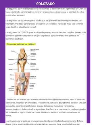 Los esguinces de PRIMER grado son el resultado de la distensión de los ligamentos que unen los
huesos del tobillo. La hinchazón es mínima y el paciente puede comenzar la actividad deportiva
en dos o tres semanas.
Los esguinces de SEGUNDO grado son los que los ligamentos se rompen parcialmente, con
hinchazón inmediata. Generalmente precisan de un periodo de reposo de tres a seis semanas
antes de volver a la actividad normal.
Los esguinces de TERCER grado son los más graves y suponen la rotura completa de uno o más
ligamentos pero rara vez precisan cirugía. Se precisan ocho semanas o más para que los
ligamentos cicatricen.
La rodilla del ser humano está sujeta en forma cotidiana -desde el nacimiento hasta la senectud-
a tensiones, lesiones y enfermedades. Precisamente, esta clase de problemas producen una gran
cantidad de pacientes imposibilitados a causa de lesiones musculares y articulares,
representando uno de los más altos porcentajes de enfermos, en comparación con los originados
por dolores en la región lumbar, de cuello, de hombro, de pies o mal funcionamiento de las
manos.
La articulación de la rodilla es, probablemente, la más complicada del cuerpo humano. Esto se
debe a que su función está relacionada con toda su anatomía ósea, su actividad muscular
 