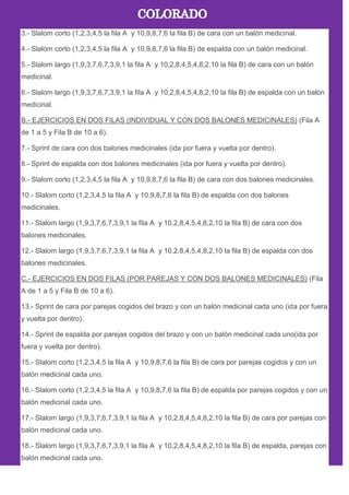 3.- Slalom corto (1,2,3,4,5 la fila A y 10,9,8,7,6 la fila B) de cara con un balón medicinal.
4.- Slalom corto (1,2,3,4,5 la fila A y 10,9,8,7,6 la fila B) de espalda con un balón medicinal.
5.- Slalom largo (1,9,3,7,6,7,3,9,1 la fila A y 10,2,8,4,5,4,8,2,10 la fila B) de cara con un balón
medicinal.
6.- Slalom largo (1,9,3,7,6,7,3,9,1 la fila A y 10,2,8,4,5,4,8,2,10 la fila B) de espalda con un balón
medicinal.
B.- EJERCICIOS EN DOS FILAS (INDIVIDUAL Y CON DOS BALONES MEDICINALES) (Fila A
de 1 a 5 y Fila B de 10 a 6).
7.- Sprint de cara con dos balones medicinales (ida por fuera y vuelta por dentro).
8.- Sprint de espalda con dos balones medicinales (ida por fuera y vuelta por dentro).
9.- Slalom corto (1,2,3,4,5 la fila A y 10,9,8,7,6 la fila B) de cara con dos balones medicinales.
10.- Slalom corto (1,2,3,4,5 la fila A y 10,9,8,7,6 la fila B) de espalda con dos balones
medicinales.
11.- Slalom largo (1,9,3,7,6,7,3,9,1 la fila A y 10,2,8,4,5,4,8,2,10 la fila B) de cara con dos
balones medicinales.
12.- Slalom largo (1,9,3,7,6,7,3,9,1 la fila A y 10,2,8,4,5,4,8,2,10 la fila B) de espalda con dos
balones medicinales.
C.- EJERCICIOS EN DOS FILAS (POR PAREJAS Y CON DOS BALONES MEDICINALES) (Fila
A de 1 a 5 y Fila B de 10 a 6).
13.- Sprint de cara por parejas cogidos del brazo y con un balón medicinal cada uno (ida por fuera
y vuelta por dentro).
14.- Sprint de espalda por parejas cogidos del brazo y con un balón medicinal cada uno(ida por
fuera y vuelta por dentro).
15.- Slalom corto (1,2,3,4,5 la fila A y 10,9,8,7,6 la fila B) de cara por parejas cogidos y con un
balón medicinal cada uno.
16.- Slalom corto (1,2,3,4,5 la fila A y 10,9,8,7,6 la fila B) de espalda por parejas cogidos y con un
balón medicinal cada uno.
17.- Slalom largo (1,9,3,7,6,7,3,9,1 la fila A y 10,2,8,4,5,4,8,2,10 la fila B) de cara por parejas con
balón medicinal cada uno.
18.- Slalom largo (1,9,3,7,6,7,3,9,1 la fila A y 10,2,8,4,5,4,8,2,10 la fila B) de espalda, parejas con
balón medicinal cada uno.
 