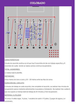 CARACTERÍSTICAS:
Circuito de recorrido continuo en el que hay 8 recorridos de ida con trabajo específico y 8
recorridos de vuelta donde se realiza carrera contínua recuperatória.
TOTAL JUGADORES:
Lo realiza toda la plantilla.
DISTANCIAS:
Cinco metros de cono a cono y 20 – 25 metros entre las filas de conos.
DURACIÓN DEL CIRCUITO:
8 minutos de trabajo en cada recorrido, tras completar el recorrido, se realizan tres minutos de
recuperación pasiva mediante estiramientos musculares e hidratación. Se realizan tres vueltas lo
que nos supone un tiempo total de trabajo de 24 minutos y 9 de recuperación.
MATERIAL A UTILIZAR:
16 conos, 9 vallas bajas, 8 picas, 1 escalera de suelo o 10 palos, 2 juegos de aguas y un
cronómetro.
 