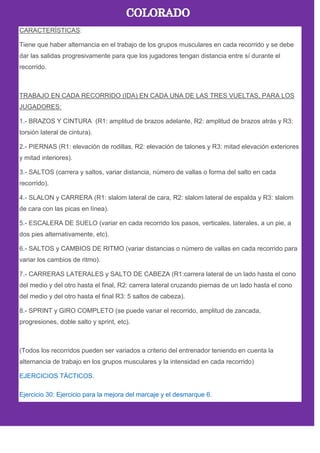 CARACTERÍSTICAS:
Tiene que haber alternancia en el trabajo de los grupos musculares en cada recorrido y se debe
dar las salidas progresivamente para que los jugadores tengan distancia entre sí durante el
recorrido.
TRABAJO EN CADA RECORRIDO (IDA) EN CADA UNA DE LAS TRES VUELTAS, PARA LOS
JUGADORES:
1.- BRAZOS Y CINTURA (R1: amplitud de brazos adelante, R2: amplitud de brazos atrás y R3:
torsión lateral de cintura).
2.- PIERNAS (R1: elevación de rodillas, R2: elevación de talones y R3: mitad elevación exteriores
y mitad interiores).
3.- SALTOS (carrera y saltos, variar distancia, número de vallas o forma del salto en cada
recorrido).
4.- SLALON y CARRERA (R1: slalom lateral de cara, R2: slalom lateral de espalda y R3: slalom
de cara con las picas en línea).
5.- ESCALERA DE SUELO (variar en cada recorrido los pasos, verticales, laterales, a un pie, a
dos pies alternativamente, etc).
6.- SALTOS y CAMBIOS DE RITMO (variar distancias o número de vallas en cada recorrido para
variar los cambios de ritmo).
7.- CARRERAS LATERALES y SALTO DE CABEZA (R1:carrera lateral de un lado hasta el cono
del medio y del otro hasta el final, R2: carrera lateral cruzando piernas de un lado hasta el cono
del medio y del otro hasta el final R3: 5 saltos de cabeza).
8.- SPRINT y GIRO COMPLETO (se puede variar el recorrido, amplitud de zancada,
progresiones, doble salto y sprint, etc).
(Todos los recorridos pueden ser variados a criterio del entrenador teniendo en cuenta la
alternancia de trabajo en los grupos musculares y la intensidad en cada recorrido)
EJERCICIOS TÁCTICOS.
Ejercicio 30: Ejercicio para la mejora del marcaje y el desmarque 6.
 