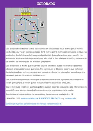 Este ejercicio físico-técnico-táctico se desarrolla en un cuadrado de 30 metros por 30 metros
subdividido a su vez en cuatro cuadrados de 15 metros por 15 metros como muestra el dibujo. Es
un ejercicio donde físicamente trabajamos la velocidad de desplazamiento y de reacción y la
resistencia, técnicamente trabajamos el pase, el control, la finta y la interceptación y tácticamente
los apoyos, los desmarques, los marcajes y la presión.
Este ejercicio es el mismo que el ejercicio 29 pero en éste se puede observar que podemos
adaptarlo a los jugadores que queramos. Por ejemplo, en el dibujo se observa que participan
dieciocho jugadores en tres grupos de seis y donde en dos de los subcuadros se realiza un dos
contra dos y en los otros dos un uno contra uno.
Esto nos ofrece la posibilidad de adaptar el ejercicio al número de jugadores disponibles en la
sesión (por ejemplo, si fueran quince realizariamos tres equipos de cinco, etc).
Se puede incluso establecer que los jugadores puedan pasar de un cuadro a otro intercambiando
su posición pero siempre estando el mismo número de jugadores en cada cuadro.
Se establece el mismo sistema de puntuación y de normas que en el ejercicio 29.
19/06/2011 23:27 entrenadordefutbol #. EJERCICIOS TÁCTICOS Hay 1 comentario.
Ejercicio 29: Ejercicio para la mejora del marcaje y el desmarque 5.
 
