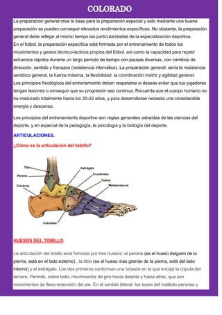 La preparación general crea la base para la preparación especial y solo mediante una buena
preparación se pueden conseguir elevados rendimientos específicos. No obstante, la preparación
general debe reflejar al mismo tiempo las particularidades de la especialización deportiva.
En el fútbol, la preparación específica está formada por el entrenamiento de todos los
movimientos y gestos técnico-tácticos propios del fútbol, así como la capacidad para repetir
esfuerzos rápidos durante un largo periodo de tiempo con pausas diversas, con cambios de
dirección, sentido y frenazos (resistencia interválica). La preparación general, sería la resistencia
aeróbica general, la fuerza máxima, la flexibilidad, la coordinación motriz y agilidad general.
Los principios fisiológicos del entrenamiento deben respetarse si deseas evitar que tus jugadores
tengan lesiones o conseguir que su progresión sea continua. Recuerda que el cuerpo humano no
ha madurado totalmente hasta los 20-22 años, y para desarrollarse necesita una considerable
energía y descanso.
Los principios del entrenamiento deportivo son reglas generales extraídas de las ciencias del
deporte, y en especial de la pedagogía, la psicología y la biología del deporte.
ARTICULACIONES.
¿Cómo es la articulación del tobillo?
HUESOS DEL TOBILLO
La articulación del tobillo está formada por tres huesos: el peroné (es el hueso delgado de la
pierna, está en el lado externo) , la tibia (es el hueso más grande de la pierna, está del lado
interno) y el astrágalo. Los dos primeros conforman una bóveda en la que encaja la cúpula del
tercero. Permite, sobre todo, movimientos de giro hacia delante y hacia atrás, que son
movimientos de flexo-extensión del pie. En el sentido lateral, los topes del maléolo peroneo y
 
