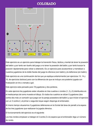 Este ejercicio es un ejercicio para trabajar la transición física, táctica y mental de tener la posesión
del balón y por tanto ser dueño del juego a no tener la posesión del balón y por tanto buscar la
posición rápidamente para volver a obtenerlo. Es un ejercicio para acostumbrar y mentalizar a
nuestros jugadores de la doble faceta del juego la ofensiva (con balón) y la defensiva (sin balón).
Este ejercicio es una continuación de los que ya explique anteriormente (ver ejercicios 13, 14 y
15, de ejercicios tácticos) pero con la diferencia de que se incluye una posterior jugada con
finalización en tiro o remate a gol.
Este ejercicio esta pensado para 18 jugadores y dos porteros.
En este ejercicio los jugadores estan situados en tres cuadros o rondos (1, 2 y 3) distribuidos en
el mediocampo tal como muestra el dibujo. En todos los cuadros se sitúan 5 jugadores (dos
contra dos más un comodín que juega con la pareja poseedora del balón) y que inician el ejercicio
con un 3 contra 2, al primer o segundo toque según disponga el entrenador.
Al mismo tiempo situaremos 3 jugadores defensores en la frontal del àrea de penalti a la espera
de los tres jugadores que realizaran la jugada ofensiva.
El funcionamiento del ejercicio es el siguiente:
Los tres rondos empiezan a trabajar el 3 contra 2 a la espera que el entrenador diga un número
de rondo.
 