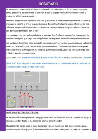 En este caso como muestra el dibujo el entrenador ha dicho el rondo 2 y en ese momento la
pareja poseedora del balón más el comodin inician la jugada ofensiva llevándose el balón y
encarando a los tres defensores.
Al mismo tiempo los dos jugadores que han quedado en el rondo cogen rapidamente un balón y
empiezan a pasarlo al primer toque a la espera de que tras finalizar la jugada ofensiva, los tres
defensas vengan rapidamente al rondo, contando dicha pareja con la ayuda del comodin de los
tres defensas identificado con el peto.
Los jugadores que han realizado la jugada ofensiva, tras finalizarla, ocupan los tres puestos de
defensa a la espera que salga otro trio poseedor del siguiente rondo que marque el entrenador.
Las salidas de los rondos hacia la jugada ofensivas deben ser rápidas y continuas para trabajar la
velocidad de reacción y de desplazamiento continuamente. Y así sucesivamente hasta que el
entrenador marca la finalización del ejercicio, durante el cual los jugadores van asumiendo esa
doble función ofensiva-defensiva.
29/11/2009 23:04 entrenadordefutbol #. EJERCICIOS TÁCTICOS No hay comentarios. Comentar.
Ejercicio 23: Ejercicio para la mejora del mantenimiento de la posesión del balón en espacios de
juego reducidos en superioridad numérica 8
POSESIONES CON FINALIZACION.
En esta situación de superioridad, los jugadores salen en 5 contra 5 más un comodín de apoyo al
equipo poseedor, desde el mediocampo a la voz del entrenador.
El jugador más rápido coge el balón designado y en un máximo de dos toques lo debe pasar
hacia atrás para iniciar jugada, intentando acabar, mediante cinco pases de juego de posesión, la
 