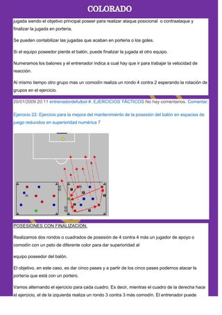 jugada siendo el objetivo principal poseer para realizar ataque posicional o contraataque y
finalizar la jugada en porteria.
Se pueden contabilizar las jugadas que acaban en porteria o los goles.
Si el equipo poseedor pierde el balón, puede finalizar la jugada el otro equipo.
Numeramos los balones y el entrenador indica a cual hay que ir para trabajar la velocidad de
reacción.
Al mismo tiempo otro grupo mas un comodín realiza un rondo 4 contra 2 esperando la rotación de
grupos en el ejercicio.
20/01/2009 20:11 entrenadordefutbol #. EJERCICIOS TÁCTICOS No hay comentarios. Comentar.
Ejercicio 22: Ejercicio para la mejora del mantenimiento de la posesión del balón en espacios de
juego reducidos en superioridad numérica 7
POSESIONES CON FINALIZACION.
Realizamos dos rondos o cuadrados de posesión de 4 contra 4 más un jugador de apoyo o
comodín con un peto de diferente color para dar superioridad al
equipo poseedor del balón.
El objetivo, en este caso, es dar cinco pases y a partir de los cinco pases podemos atacar la
portería que está con un portero.
Vamos alternando el ejercicio para cada cuadro. Es decir, mientras el cuadro de la derecha hace
el ejercicio, el de la izquierda realiza un rondo 3 contra 3 más comodín. El entrenador puede
 