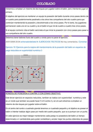 Volvemos a emplear un máximo de dos toques por jugador sobre el balón, pero intentando jugar al
primero.
El objetivo del ejercicio es mantener un equipo la posesión del balón durante cinco pases dentro de
un cuadro para posteriormente pasárselo a los otros tres compañeros del otro cuadro para que
continúen manteniendo la posesión y devolvérnoslo a los cinco pases. Por lo tanto, los jugadores
permanecen cada uno en su cuadro y es el balón el que irá de cuadro a cuadro tras cinco pases.
Si el equipo contrario roba el balón será éste el que inicie la posesión con cinco pases para pasar a
sus compañeros del otro cuadro.
Debemos tener balones fuera del cuadro o rondo para no parar el ejercicio.
20/01/2009 20:04 entrenadordefutbol #. EJERCICIOS TÁCTICOS No hay comentarios. Comentar.
Ejercicio 18: Ejercicio para la mejora del mantenimiento de la posesión del balón en espacios de
juego reducidos en superioridad numérica 3
RONDOS DE POSESION 6 CONTRA 2 CON ZONAS OBJETIVO.
Este tercer ejercicio en espacios reducidos, tambien se realiza con superioridad numérica y este
es un rondo que tambien se puede hacer 5 ó 6 contra 2 y en el cual volvemos a emplear un
máximo de dos toques por jugador sobre el balón.
En el centro del rondo o cuadrado grande tenemos un cuadrado pequeño y el objetivo es poseer el
balón e intentar realizar algún pase por medio del cuadro pequeño, que va a puntuar con un punto.
En este ejercicio es mejor trabajar manteniendo cada pareja no poseedora del balón un tiempo
determinado e ir cambiándola para poder contabilizar y anotar mejor los puntos obtenidos de pases
 