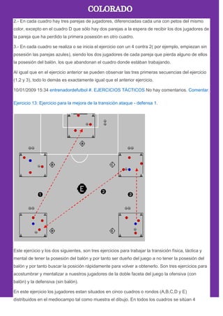 2.- En cada cuadro hay tres parejas de jugadores, diferenciadas cada una con petos del mismo
color, excepto en el cuadro D que sólo hay dos parejas a la espera de recibir los dos jugadores de
la pareja que ha perdido la primera posesión en otro cuadro.
3.- En cada cuadro se realiza o se inicia el ejercicio con un 4 contra 2( por ejemplo, empiezan sin
posesión las parejas azules), siendo los dos jugadores de cada pareja que pierda alguno de ellos
la posesión del balón. los que abandonan el cuadro donde estában trabajando.
Al igual que en el ejercicio anterior se pueden observar las tres primeras secuencias del ejercicio
(1,2 y 3), todo lo demás es exactamente igual que el anterior ejercicio.
10/01/2009 15:34 entrenadordefutbol #. EJERCICIOS TÁCTICOS No hay comentarios. Comentar.
Ejercicio 13: Ejercicio para la mejora de la transición ataque - defensa 1.
Este ejercicio y los dos siguientes, son tres ejercicios para trabajar la transición física, táctica y
mental de tener la posesión del balón y por tanto ser dueño del juego a no tener la posesión del
balón y por tanto buscar la posición rápidamente para volver a obtenerlo. Son tres ejercicios para
acostumbrar y mentalizar a nuestros jugadores de la doble faceta del juego la ofensiva (con
balón) y la defensiva (sin balón).
En este ejercicio los jugadores estan situados en cinco cuadros o rondos (A,B,C,D y E)
distribuidos en el mediocampo tal como muestra el dibujo. En todos los cuadros se sitúan 4
 