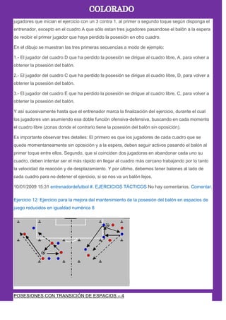 jugadores que inician el ejercicio con un 3 contra 1, al primer o segundo toque según disponga el
entrenador, excepto en el cuadro A que sólo estan tres jugadores pasandose el balón a la espera
de recibir el primer jugador que haya perdido la posesión en otro cuadro.
En el dibujo se muestran las tres primeras secuencias a modo de ejemplo:
1.- El jugador del cuadro D que ha perdido la posesión se dirigue al cuadro libre, A, para volver a
obtener la posesión del balón.
2.- El jugador del cuadro C que ha perdido la posesión se dirigue al cuadro libre, D, para volver a
obtener la posesión del balón.
3.- El jugador del cuadro E que ha perdido la posesión se dirigue al cuadro libre, C, para volver a
obtener la posesión del balón.
Y así sucesivamente hasta que el entrenador marca la finalización del ejercicio, durante el cual
los jugadores van asumiendo esa doble función ofensiva-defensiva, buscando en cada momento
el cuadro libre (zonas donde el contrario tiene la posesión del balón sin oposición).
Es importante observar tres detalles: El primero es que los jugadores de cada cuadro que se
quede momentaneamente sin oposición y a la espera, deben seguir activos pasando el balón al
primer toque entre ellos. Segundo, que si coinciden dos jugadores en abandonar cada uno su
cuadro, deben intentar ser el más rápido en llegar al cuadro más cercano trabajando por lo tanto
la velocidad de reacción y de desplazamiento. Y por último, debemos tener balones al lado de
cada cuadro para no detener el ejercicio, si se nos va un balón lejos.
10/01/2009 15:31 entrenadordefutbol #. EJERCICIOS TÁCTICOS No hay comentarios. Comentar.
Ejercicio 12: Ejercicio para la mejora del mantenimiento de la posesión del balón en espacios de
juego reducidos en igualdad numérica 8
POSESIONES CON TRANSICIÓN DE ESPACIOS – 4
 