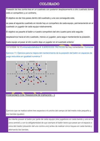 Posesión de tres contra tres en un cuadrado con posterior desplazamiento a otro cuadrado donde
está un compañero y un contrario.
El objetivo es dar tres pases dentro del cuadrado y una vez conseguido este,
se pasa al siguiente cuadrado en donde hay un compañero de cada equipo, permaneciendo en el
cuadrado un jugador de cada equipo rotativamente.
El objetivo es pasarle el balón a nuestro compañero del otro cuadro para acto seguido
desplazarnos hacia el otro cuadrado, menos un jugador, para seguir manteniendo la posesión.
Cada equipo al pasar al otro cuadro deja un jugador en el cuadrado anterior
13/12/2008 18:10 entrenadordefutbol #. EJERCICIOS TÁCTICOS No hay comentarios. Comentar.
Ejercicio 11: Ejercicio para la mejora del mantenimiento de la posesión del balón en espacios de
juego reducidos en igualdad numérica 7
POSESIONES CON TRANSICIÓN DE ESPACIOS – 3
Ejercicio que se realiza sobre tres espacios a lo ancho del campo (el del medio más pequeño y
dos bandas iguales).
Se intenta poseer el balón por parte de cada equipo (dos jugadores en cada banda y uno en la
zona central) y con la obligatoriedad de que siempre el balón tiene que pasar por el espacio o
zona del medio (situación del uno contra uno) antes de realizar cinco toques en cada banda y
alternando las bandas.
 