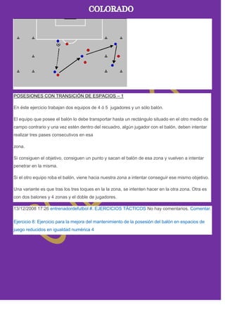 POSESIONES CON TRANSICIÓN DE ESPACIOS – 1
En éste ejercicio trabajan dos equipos de 4 ó 5 jugadores y un sólo balón.
El equipo que posee el balón lo debe transportar hasta un rectángulo situado en el otro medio de
campo contrario y una vez estén dentro del recuadro, algún jugador con el balón, deben intentar
realizar tres pases consecutivos en esa
zona.
Si consiguen el objetivo, consiguen un punto y sacan el balón de esa zona y vuelven a intentar
penetrar en la misma.
Si el otro equipo roba el balón, viene hacia nuestra zona a intentar conseguir ese mismo objetivo.
Una variante es que tras los tres toques en la la zona, se intenten hacer en la otra zona. Otra es
con dos balones y 4 zonas y el doble de jugadores.
13/12/2008 17:26 entrenadordefutbol #. EJERCICIOS TÁCTICOS No hay comentarios. Comentar.
Ejercicio 8: Ejercicio para la mejora del mantenimiento de la posesión del balón en espacios de
juego reducidos en igualdad numérica 4
 