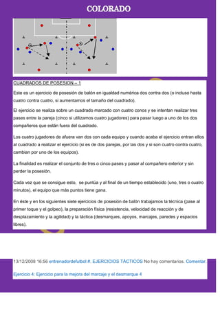 CUADRADOS DE POSESION – 1
Este es un ejercicio de posesión de balón en igualdad numérica dos contra dos (o incluso hasta
cuatro contra cuatro, si aumentamos el tamaño del cuadrado).
El ejercicio se realiza sobre un cuadrado marcado con cuatro conos y se intentan realizar tres
pases entre la pareja (cinco si utilizamos cuatro jugadores) para pasar luego a uno de los dos
compañeros que están fuera del cuadrado.
Los cuatro jugadores de afuera van dos con cada equipo y cuando acaba el ejercicio entran ellos
al cuadrado a realizar el ejercicio (si es de dos parejas, por las dos y si son cuatro contra cuatro,
cambian por uno de los equipos).
La finalidad es realizar el conjunto de tres o cinco pases y pasar al compañero exterior y sin
perder la posesión.
Cada vez que se consigue esto, se puntúa y al final de un tiempo establecido (uno, tres o cuatro
minutos), el equipo que más puntos tiene gana.
En éste y en los siguientes siete ejercicios de posesión de balón trabajamos la técnica (pase al
primer toque y el golpeo), la preparación física (resistencia, velocidad de reacción y de
desplazamiento y la agilidad) y la táctica (desmarques, apoyos, marcajes, paredes y espacios
libres).
13/12/2008 16:56 entrenadordefutbol #. EJERCICIOS TÁCTICOS No hay comentarios. Comentar.
Ejercicio 4: Ejercicio para la mejora del marcaje y el desmarque 4
 