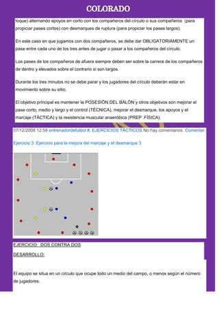 toque) alternando apoyos en corto con los compañeros del círculo o sus compañeros (para
propiciar pases cortos) con desmarques de ruptura (para propiciar los pases largos).
En este caso en que jugamos con dos compañeros, se debe dar OBLIGATORIAMENTE un
pase entre cada uno de los tres antes de jugar o pasar a los compañeros del círculo.
Los pases de los compañeros de afuera siempre deben ser sobre la carrera de los compañeros
de dentro y elevados sobre el contrario si son largos.
Durante los tres minutos no se debe parar y los jugadores del círculo deberán estar en
movimiento sobre su sitio.
El objetivo principal es mantener la POSESIÓN DEL BALÓN y otros objetivos son mejorar el
pase corto, medio y largo y el control (TÉCNICA), mejorar el desmarque, los apoyos y el
marcaje (TÁCTICA) y la resistencia muscular anaeróbica (PREP .FÍSICA).
07/12/2008 12:58 entrenadordefutbol #. EJERCICIOS TÁCTICOS No hay comentarios. Comentar.
Ejercicio 3: Ejercicio para la mejora del marcaje y el desmarque 3
EJERCICIO: DOS CONTRA DOS
DESARROLLO:
El equipo se situa en un circulo que ocupe todo un medio del campo, o menos según el número
de jugadores.
 
