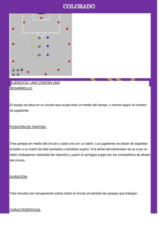 EJERCICIO: UNO CONTRA UNO
DESARROLLO:
El equipo se situa en un circulo que ocupe todo un medio del campo, o menos según el número
de jugadores.
POSICIÓN DE PARTIDA:
Tres parejas en medio del círculo y cada una con un balón. Los jugadores se sitúan de espaldas
al balón a un metro de éste sentados o tendidos supino. A la señal del entrenador se va a por el
balón (trabajamos velocidad de reacción) y quien lo consigue juega con los compañeros de afuera
del círculo.
DURACIÓN:
Tres minutos con recuperación activa sobre el circulo al cambiar las parejas que trabajan.
CARACTERÍSTICAS:
 