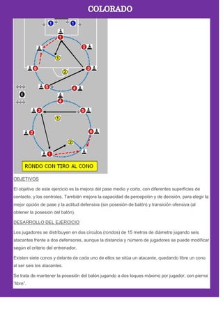 OBJETIVOS
El objetivo de este ejercicio es la mejora del pase medio y corto, con diferentes superficies de
contacto, y los controles. También mejora la capacidad de percepción y de decisión, para elegir la
mejor opción de pase y la actitud defensiva (sin posesión de balón) y transición ofensiva (al
obtener la posesión del balón).
DESARROLLO DEL EJERCICIO
Los jugadores se distribuyen en dos circulos (rondos) de 15 metros de diámetro jugando seis
atacantes frente a dos defensores, aunque la distancia y número de jugadores se puede modificar
según el criterio del entrenador.
Existen siete conos y delante de cada uno de ellos se sitúa un atacante, quedando libre un cono
al ser seis los atacantes.
Se trata de mantener la posesión del balón jugando a dos toques máximo por jugador, con pierna
―libre‖.
 